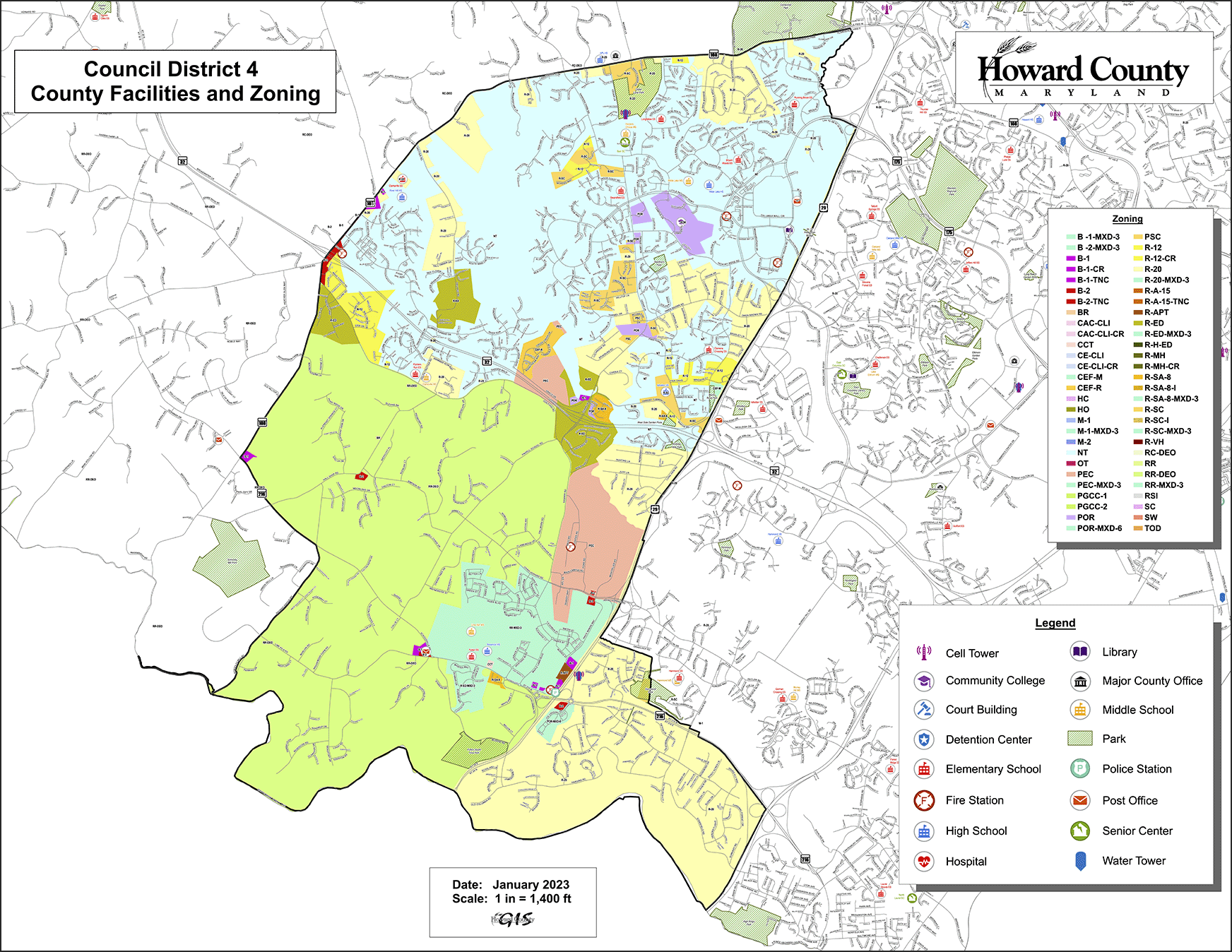 A zoned map of District 4 of Howard County, Maryland